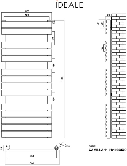Ideale Camilla 11 14/1190/500, чорна Габаритні розміри