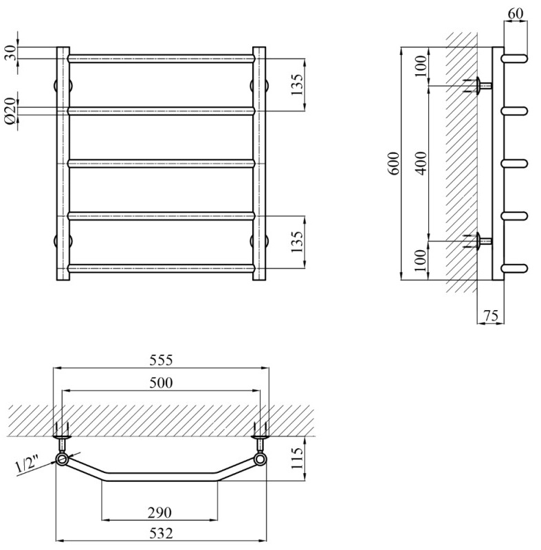 Kroner KRP Diva WT600x500-5 (CV036303) Габаритные размеры