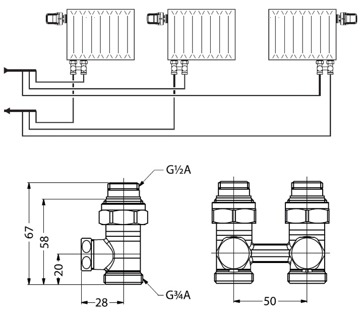 Remi прямий для нижнього підключення бінокль 3/4”x1/2” Габаритні розміри