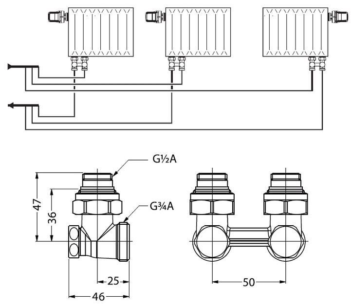 Remi кутовий для нижнього підключення бінокль 3/4”x1/2” Габаритні розміри