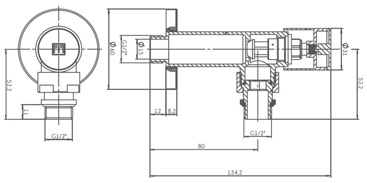 Ideale Dante 1/2”x1/2” хром Габаритні розміри