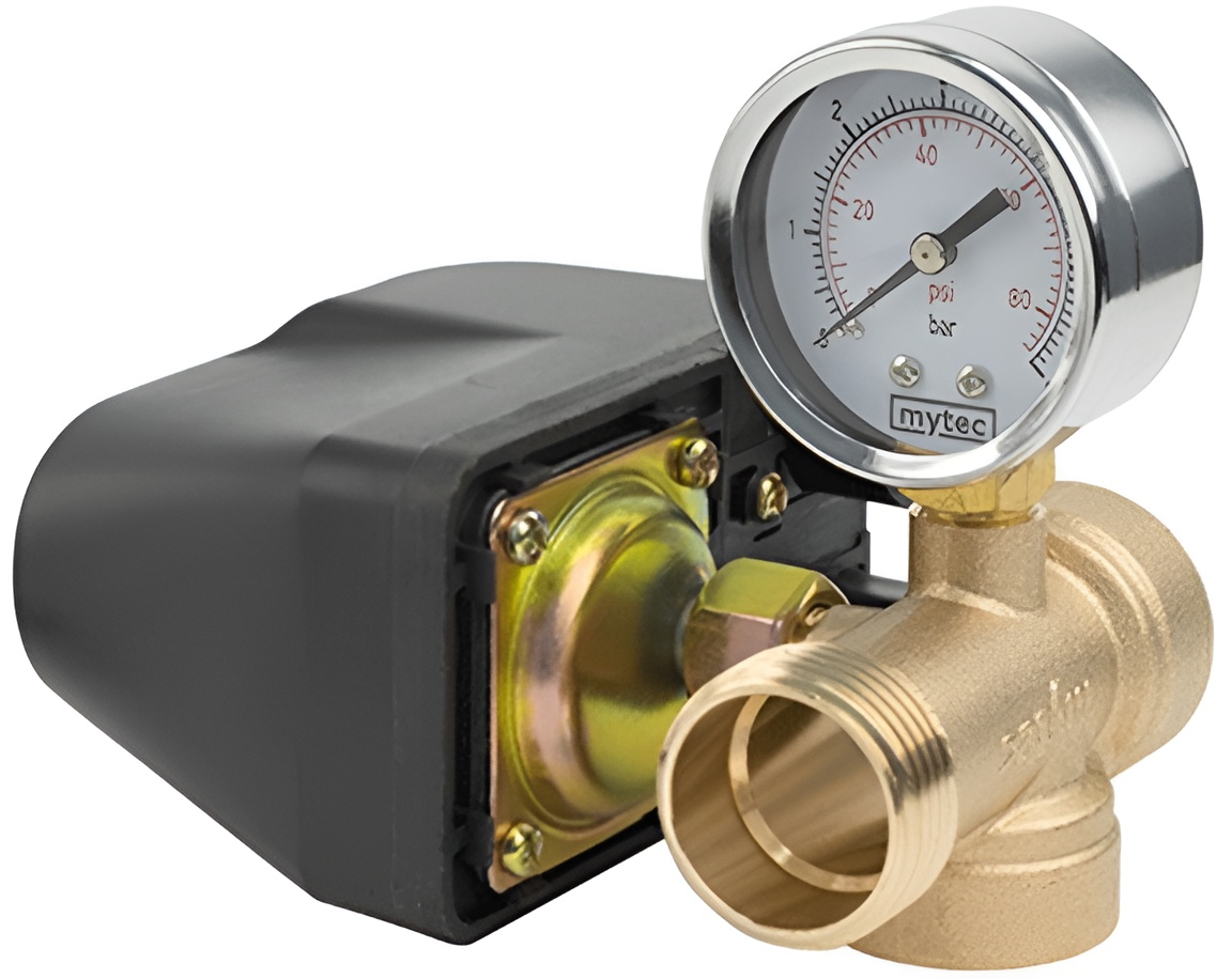 Характеристики комплект автоматики для насоса Mytec с реле давления PM‑5G, манометром и пятерником