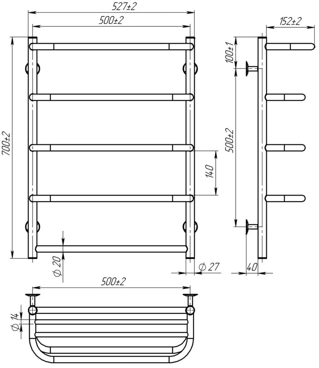 Deffi Стандарт з полицею П5 500x700, чорна, EF16, ліве підключення (D.SP.70.50.5.E.B.L.5) Габаритні розміри