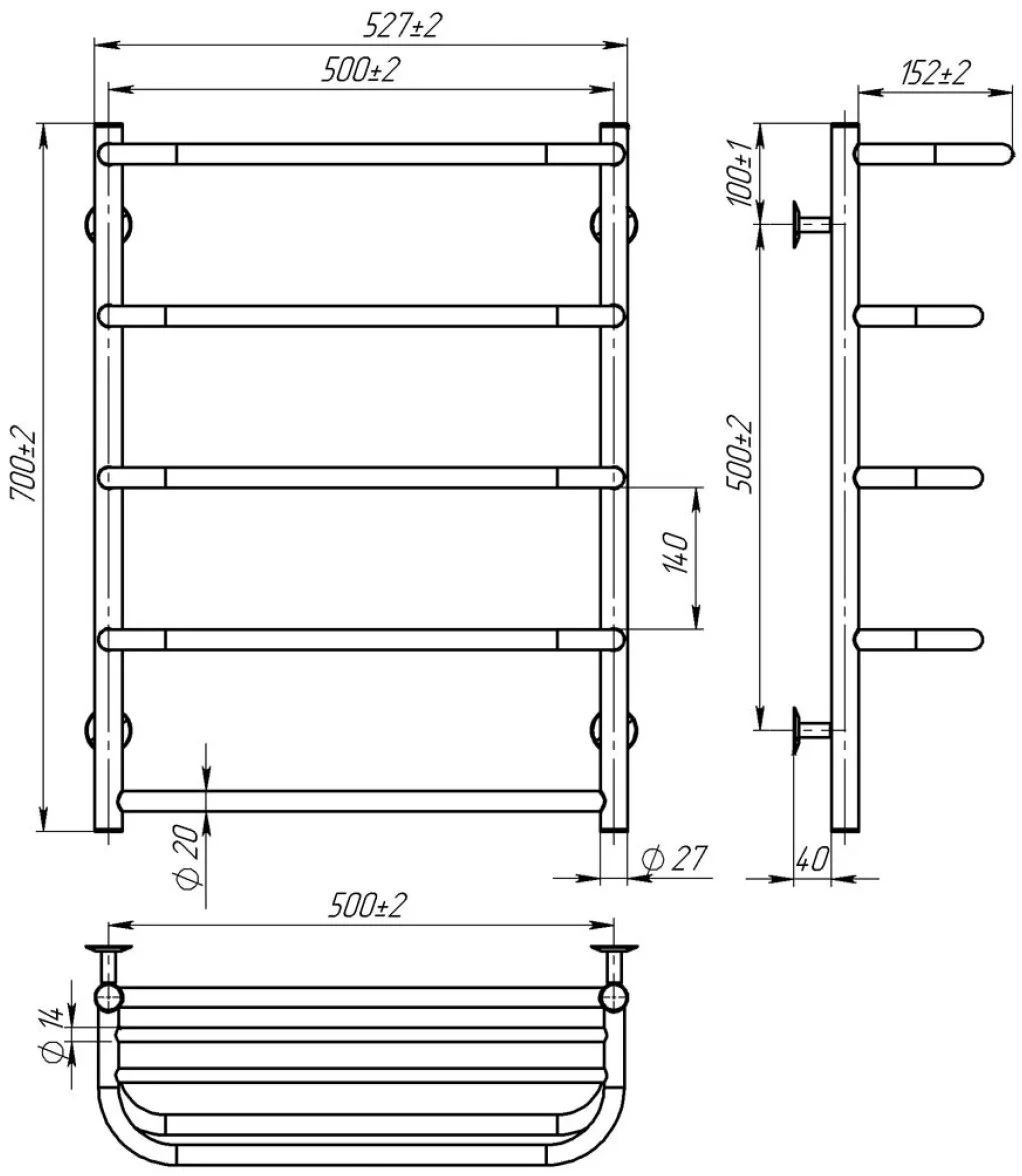 Deffi Стандарт с полкой П5 500x700, белый, EF16, правое подключение (D.SP.70.50.5.E.W.L.5) Габаритные размеры