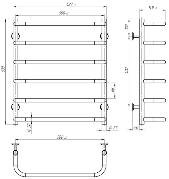 Deffi Стандарт П6 500x600, біла, EF16, праве підключення (D.SS.60.50.6.E.W.R.5) Габаритні розміри