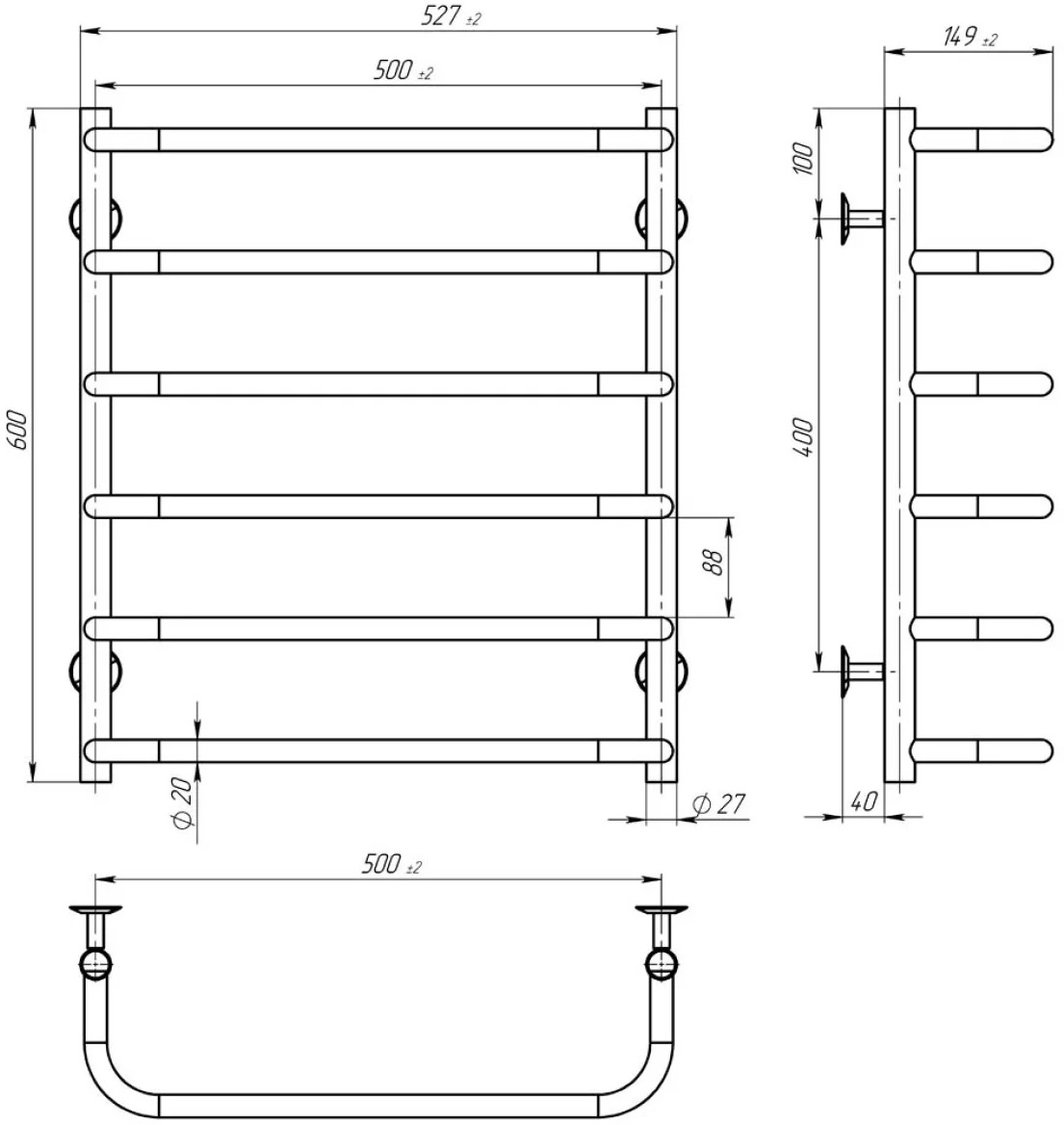Deffi Стандарт П6 500x600, чорна, EF16, праве підключення (D.SS.60.50.6.E.B.R.5) Габаритні розміри