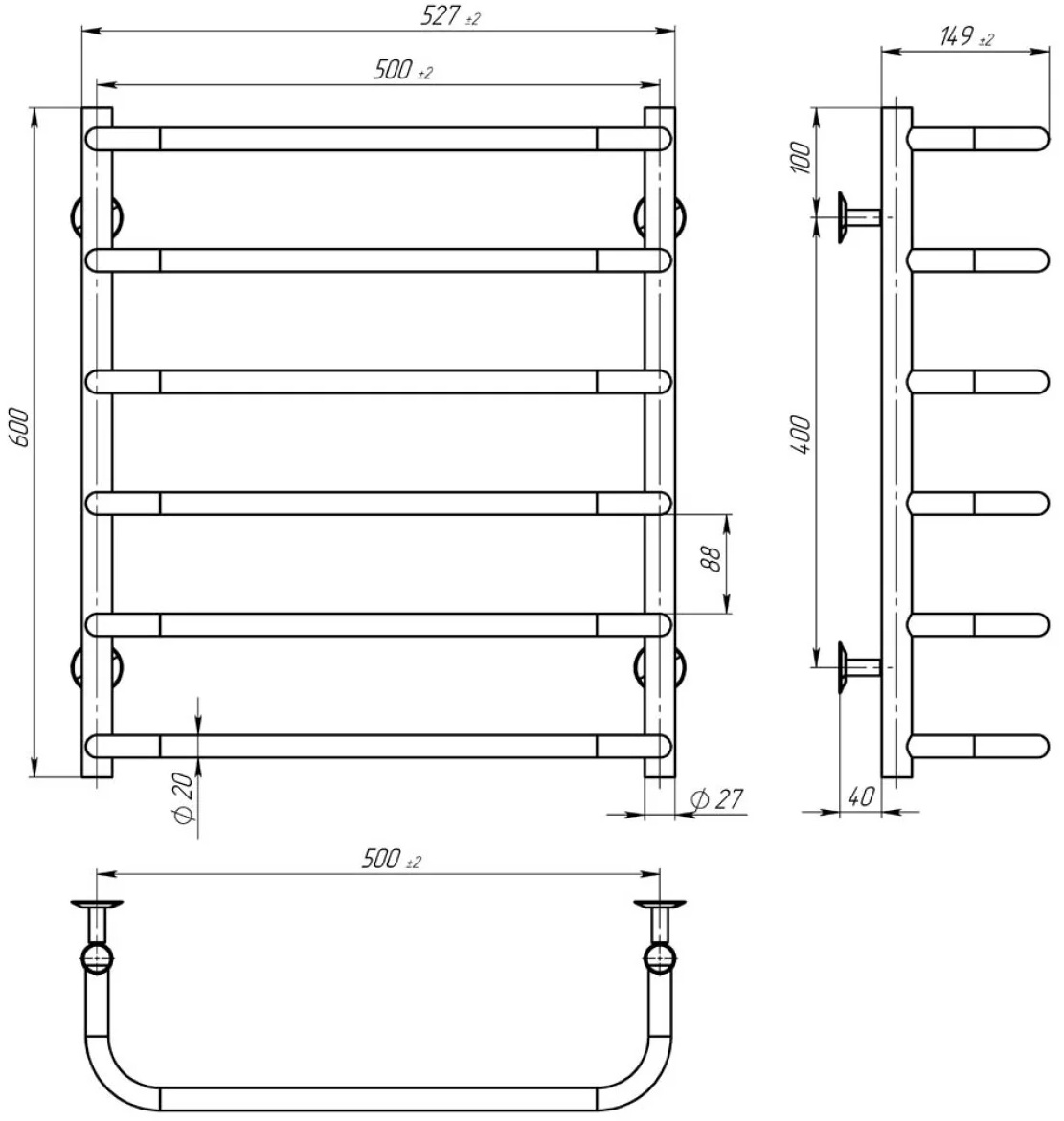 Deffi Стандарт П6 500x600, чорна, EF16, ліве підключення (D.SS.60.50.6.E.B.L.5) Габаритні розміри