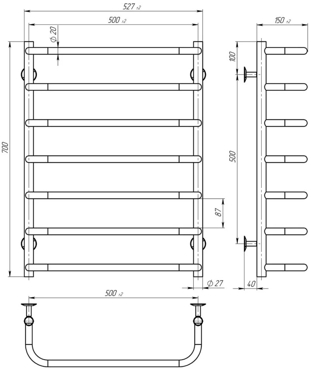 Deffi Стандарт П7 500x700, чорна, EF16, праве підключення (D.SS.70.50.7.E.B.R.5) Габаритні розміри