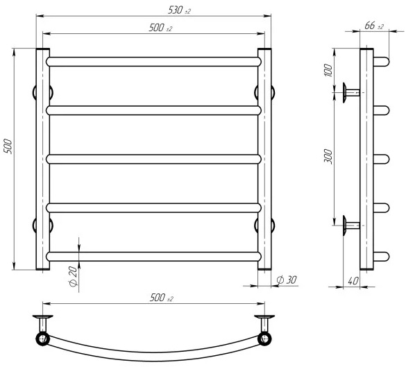 Deffi Классик П5 500x500, хром, EF16, правое подключение (C.DK.50.50.5.E.C.R.5) Габаритные размеры