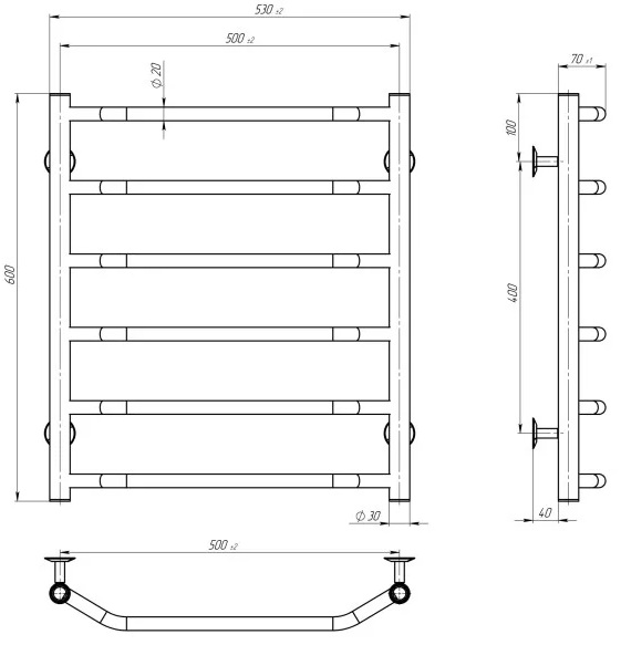 Deffi Трапеция П6 500x600, хром, JD03, правое подключение (C.TR.60.50.6.E.C.R.1) Габаритные размеры