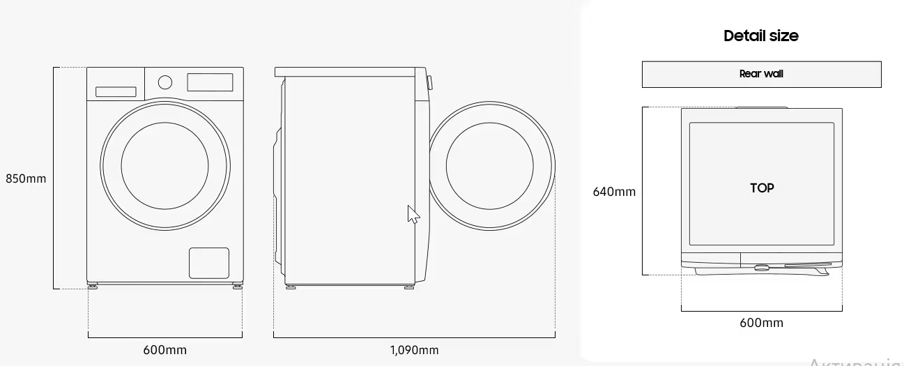 Samsung WW10FG5U3EAELE Габаритні розміри