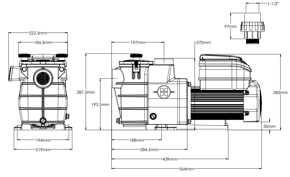 Hayward Max Flo VS SP1811VS (220 В, 13.5 м3/ч, 1.1 HP) Габаритные размеры