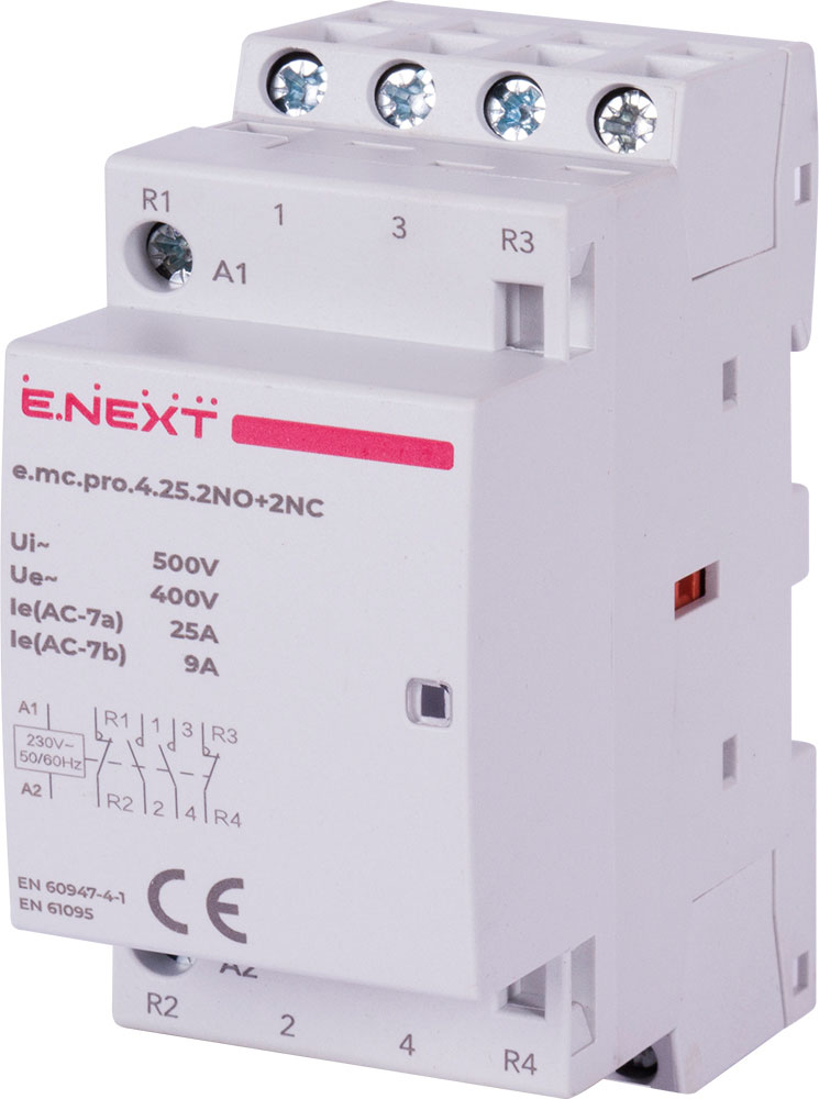 Контактор E.NEXT e.mc.pro.4.25.2NO+2NC, 4р, 25А, 2NO+2NC, 220V (p005222)