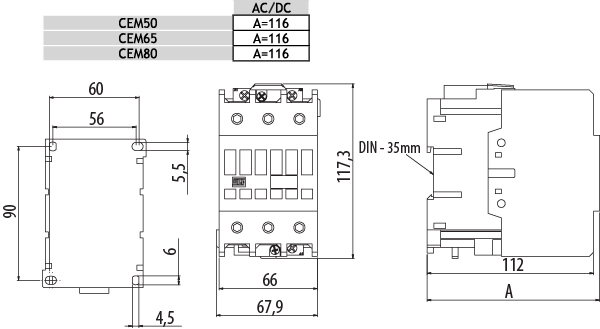 ETI CEM80.00-230V-50/60Hz (4650103) Габаритные размеры