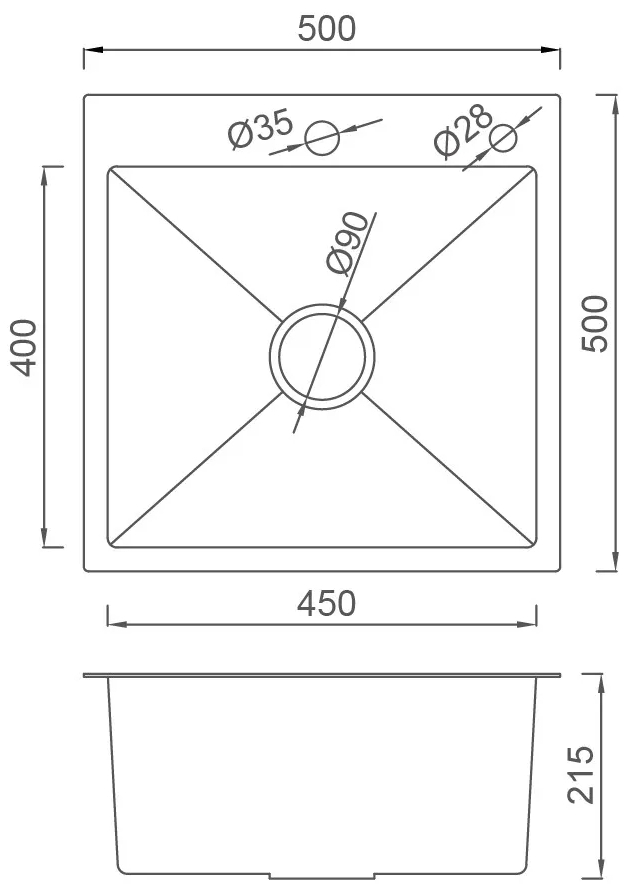 Gappo GS 5050-3 500x500 мм сифон+коландер, золото PVD Габаритные размеры