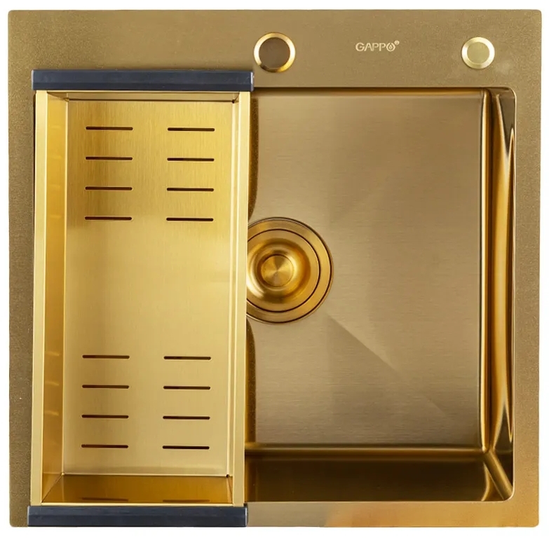 Кухонная мойка Gappo GS 5050-3 500x500 мм сифон+коландер, золото PVD