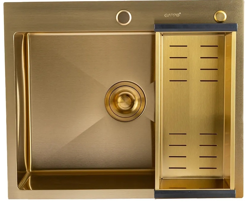 Кухонная мойка Gappo GS 6050-3 600x500 мм сифон+коландер, золото PVD