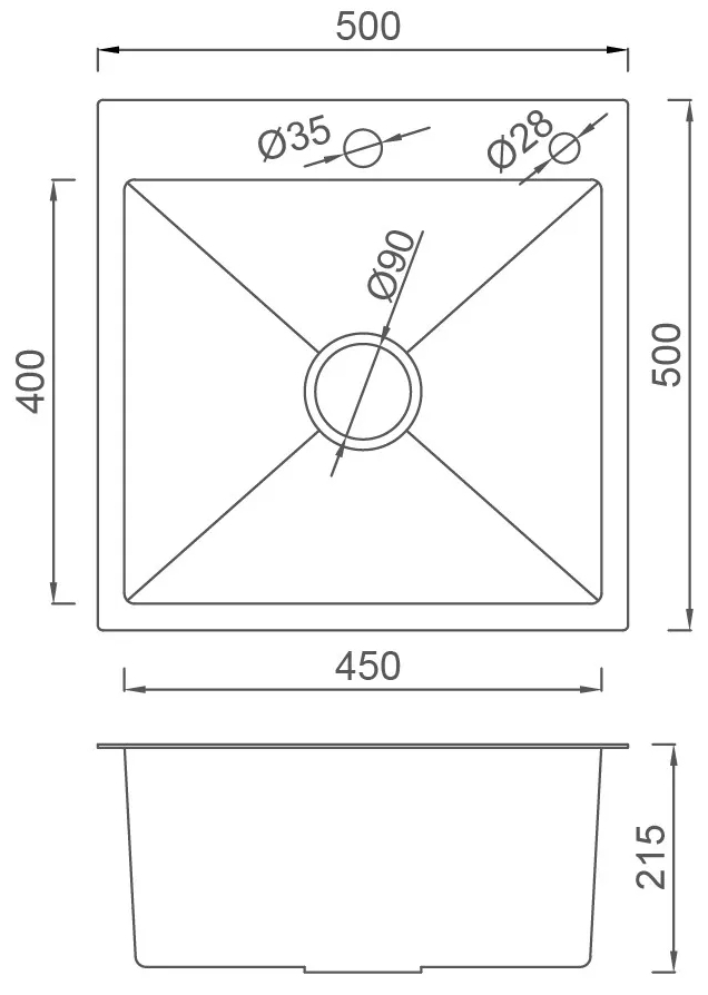 Gappo GS5050-6 500x500 мм сифон+коландер, нержавіюча сталь PVD Габаритные размеры