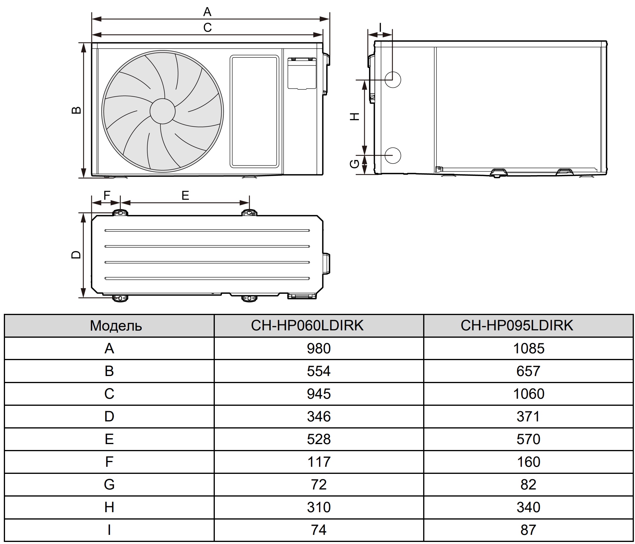 Cooper&Hunter Dynamic Inverter CH-HP095LDIRK Габаритні розміри