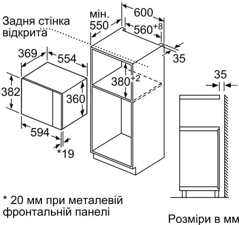 Bosch BEL554MS0 Габаритные размеры