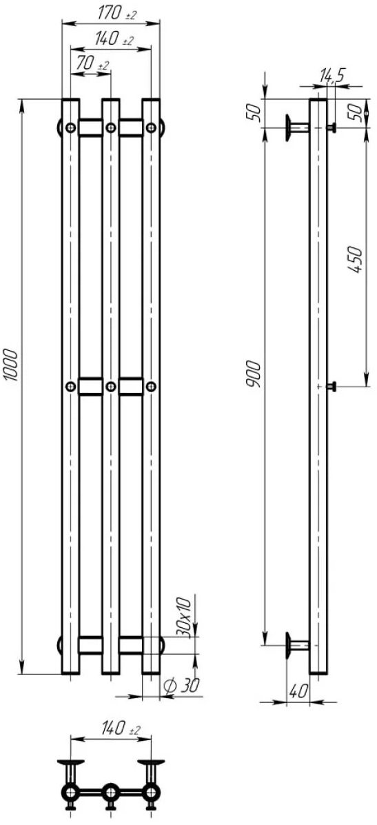Deffi Zara П3 140x1000, белый, WD03, правое подключение (A.CL.100.14.3.E.W.R.3) Габаритные размеры