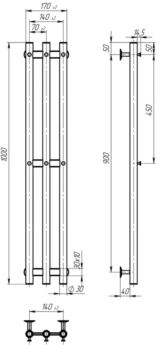 Deffi Zara П3 140x1000, белый, WD03, левое подключение (A.CL.100.14.3.E.W.L.3) Габаритные размеры