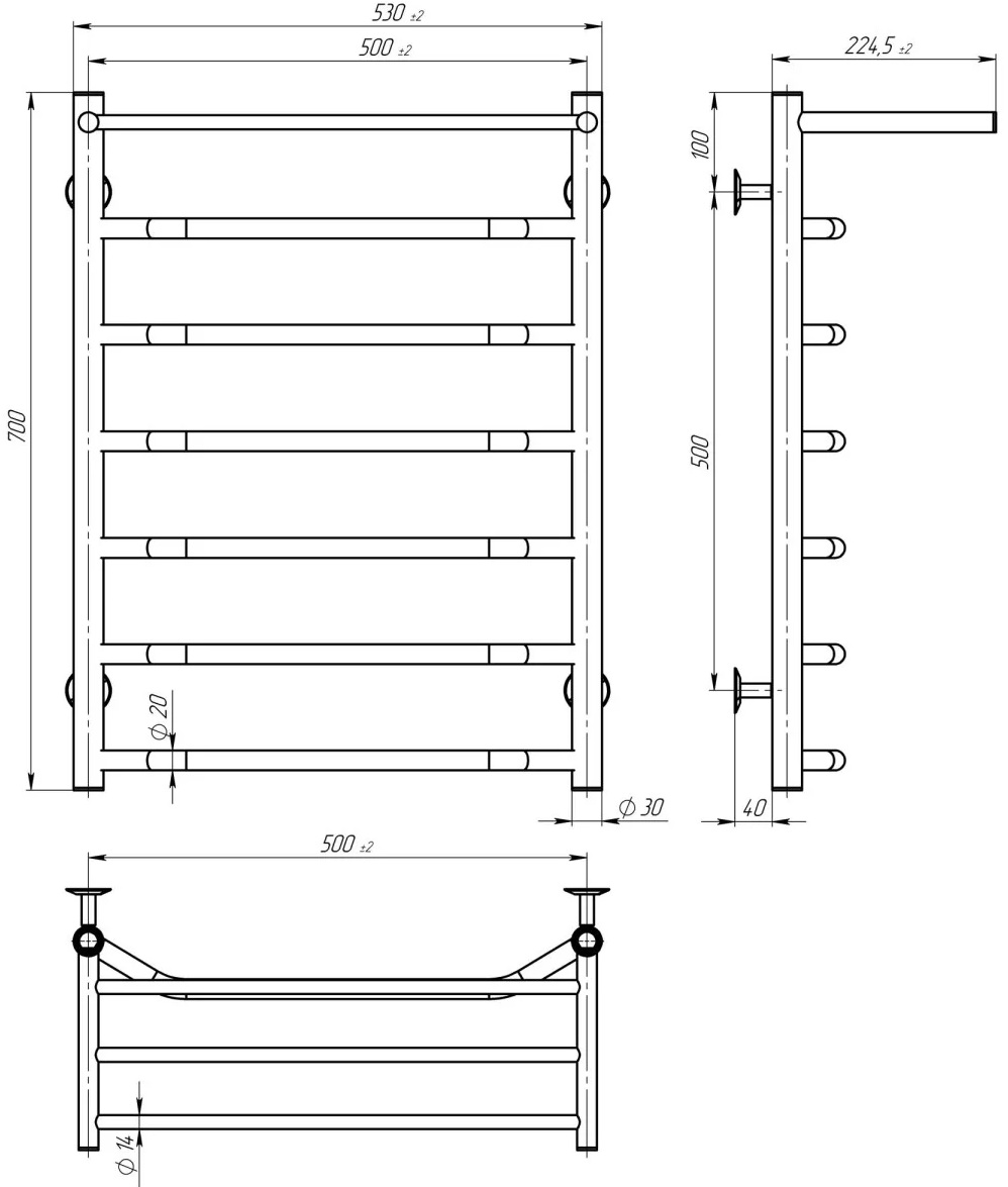 Deffi Трапеция с полкой П7 500x700, черный, JD03, правое подключение (C.TP.70.50.7.E.B.R.1) Габаритные размеры