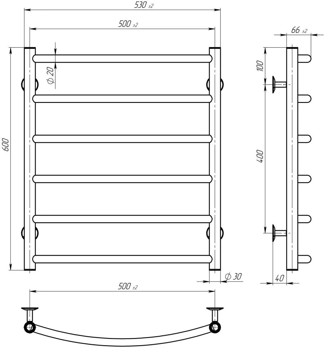 Deffi Классик П6 500x600, черный, JD03, левое подключение (C.DK.60.50.6.E.B.L.1) Габаритные размеры