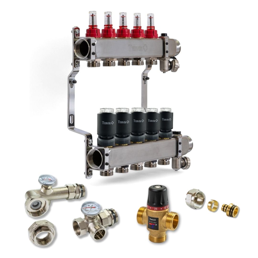 Колектор з вбудованим змішувальним вузлом Tervix на 5 контурів із клапаном TMV (522105)