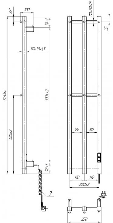 Mario e-INOX Стелла 1170x250 TR 2.0 K (2.13.052730.P) Габаритні розміри