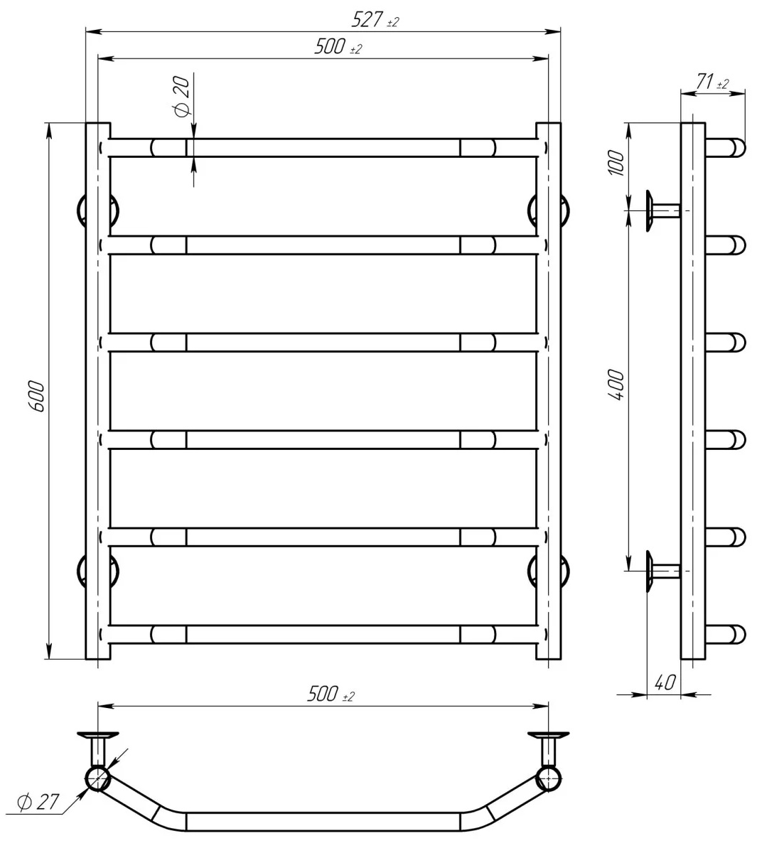 Deffi Трапеция П6 500x600, черный, WD03, правое подключение (D.TR.60.50.6.E.B.R.3) Габаритные размеры