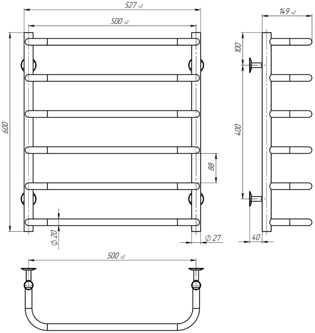 Deffi Стандарт П6 500x600, черный, WD03, правое подключение (D.SS.60.50.6.E.B.R.3) Габаритные размеры