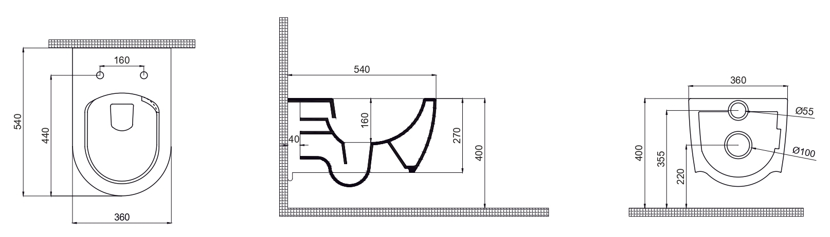 Bartin Seramik Deep New Tornado білий 54 см (70DE03154) Габаритные размеры