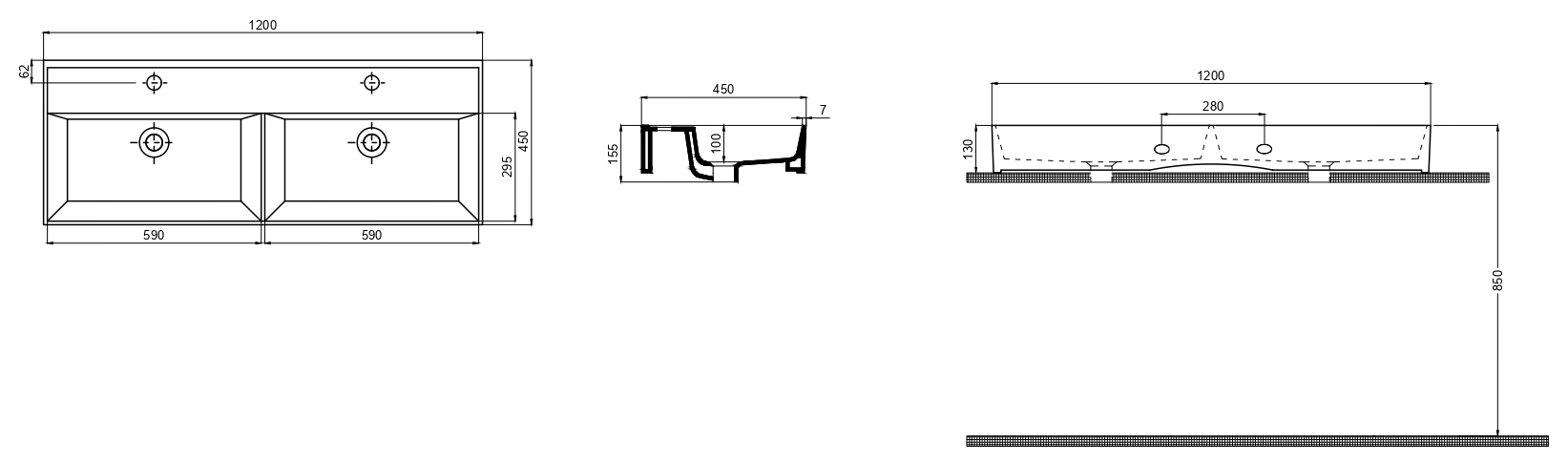 Bartin Seramik на 2 чаши 120x45 см (70LQ24120) Габаритные размеры