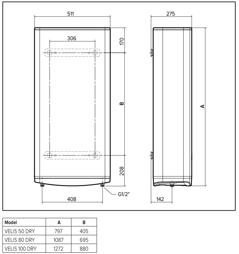 Ariston VELIS PRO DRY WIFI 50 EU (3100908) уценка Габаритные размеры