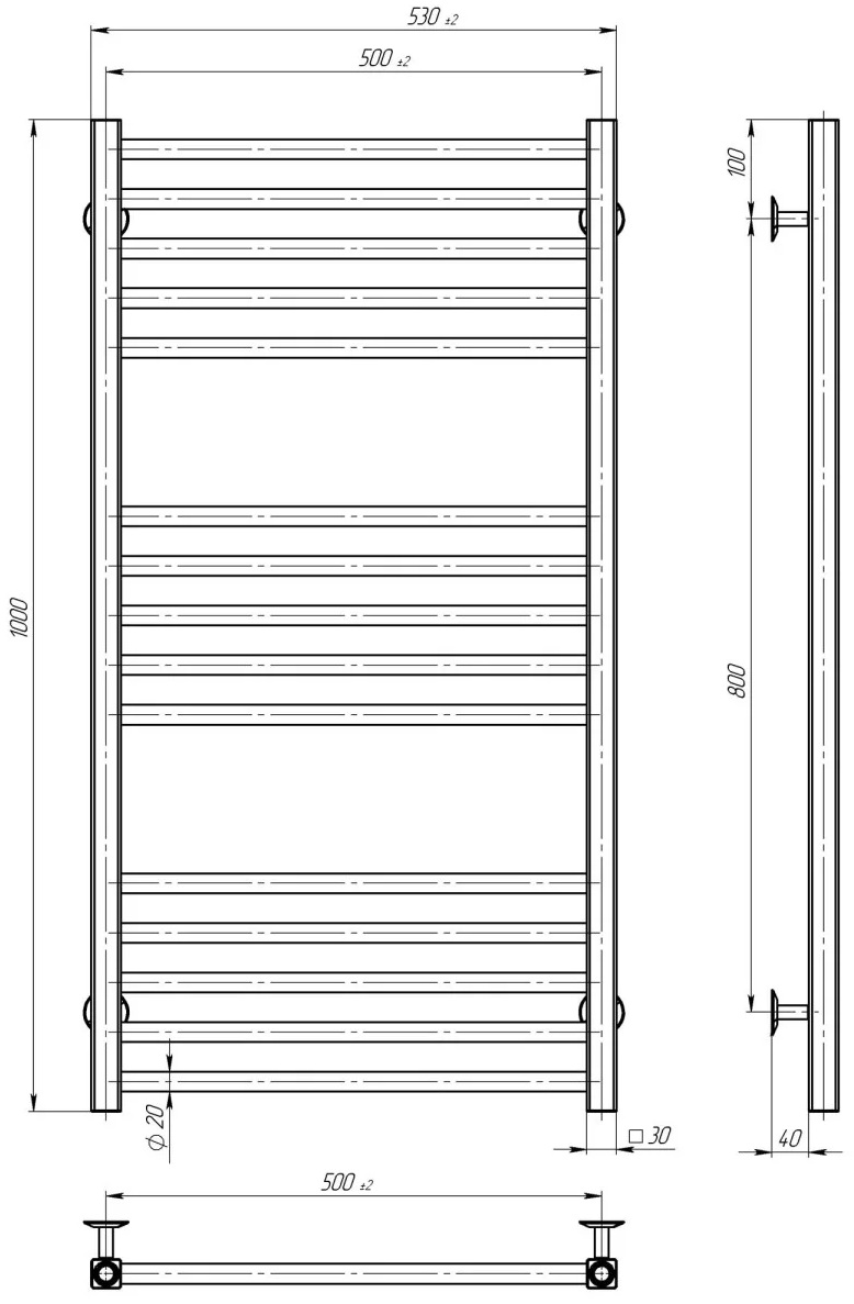 Deffi Lima П15 500x1000, черный, JD04, универсальное подключение (A.LI.100.50.15.E.B.U.2) Габаритные размеры