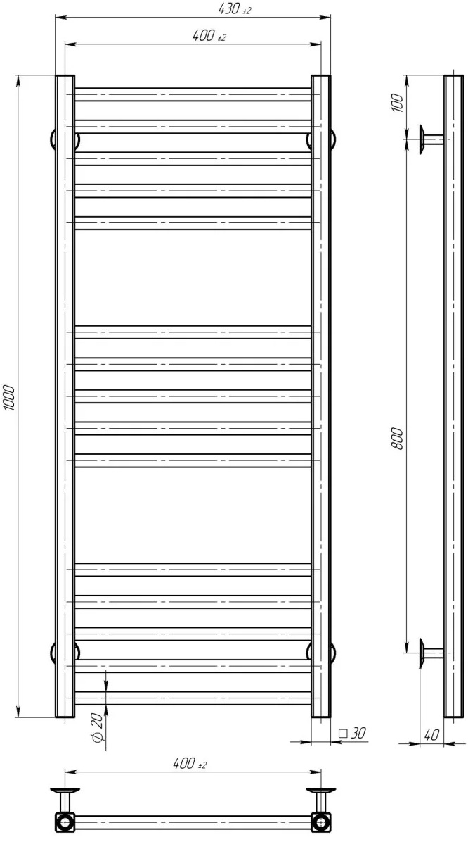 Deffi Lima П15 400x1000, хром, JD04, универсальное подключение (A.LI.100.40.15.E.C.U.2) Габаритные размеры