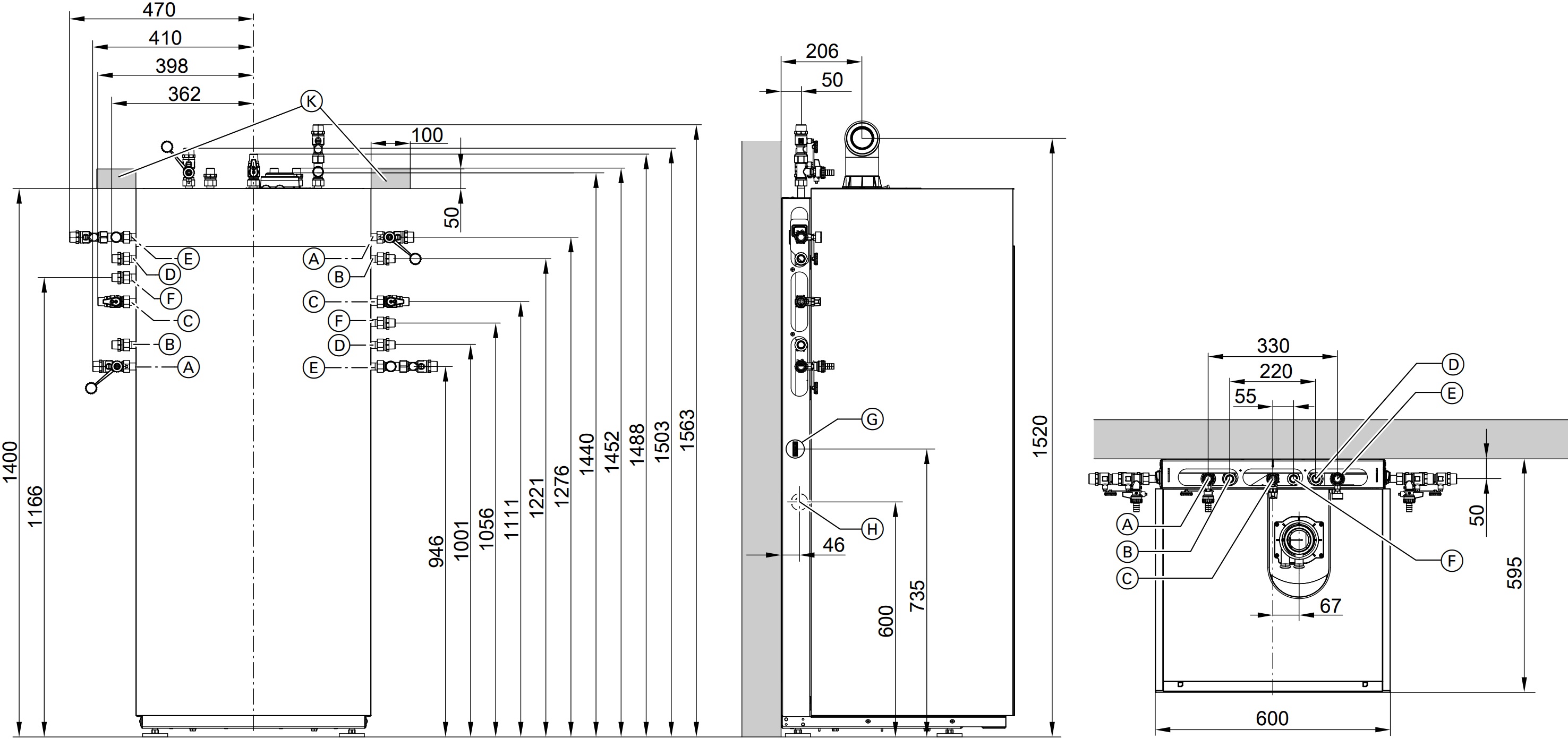 Viessmann Vitodens 222-F B2TH 32 кВт (Z020612) Габаритні розміри