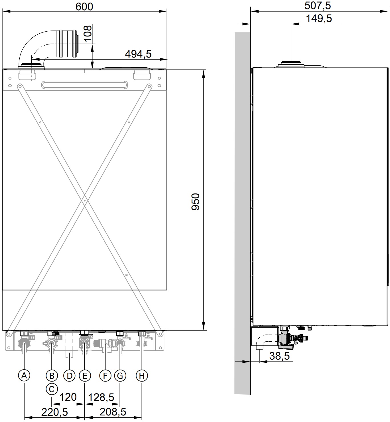 Viessmann Vitodens 222-W B2LH 32 кВт (Z030165) Габаритные размеры