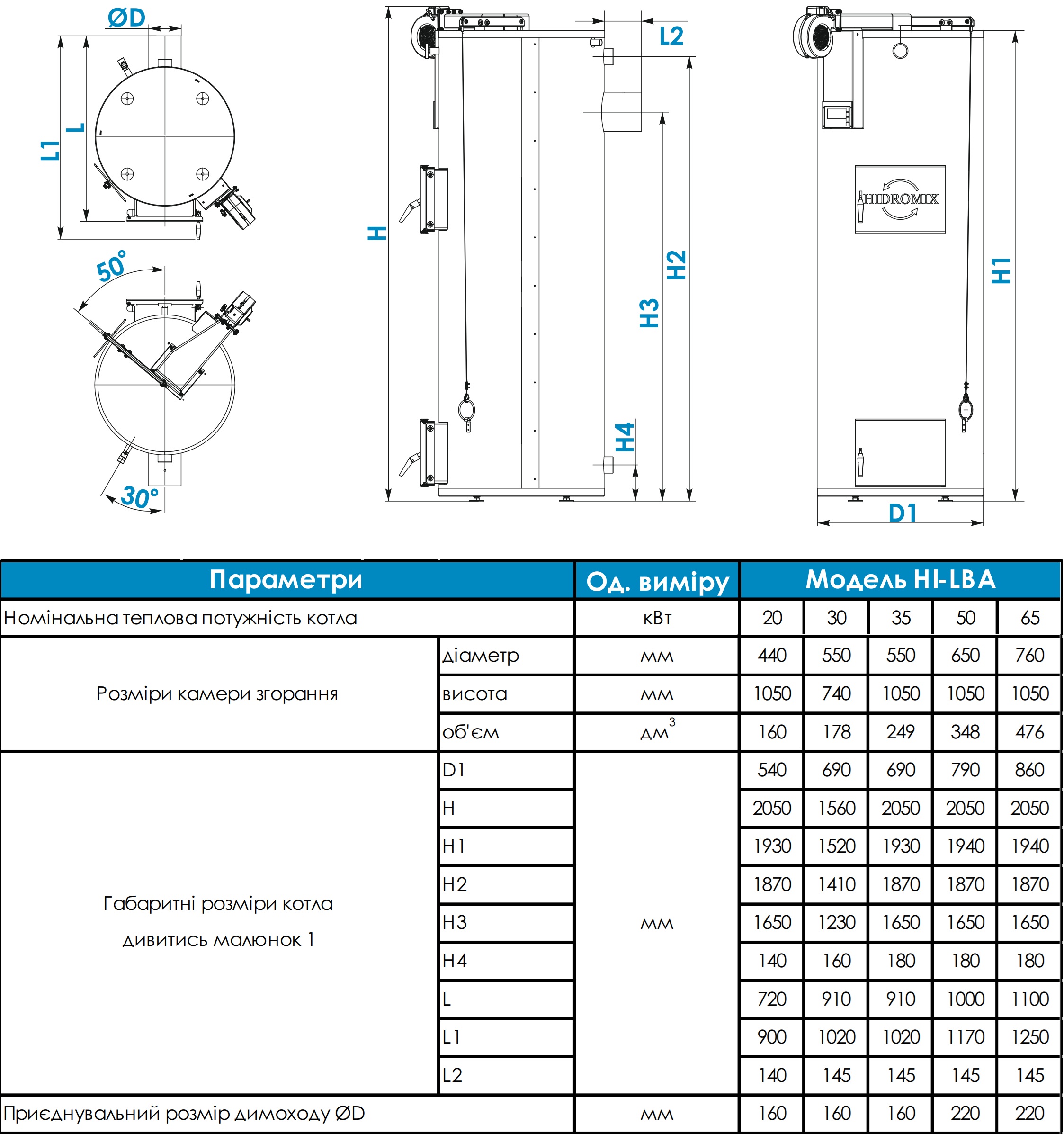Hidromix Long Burning Automatic 35 кВт (HI-LBA35) Габаритные размеры