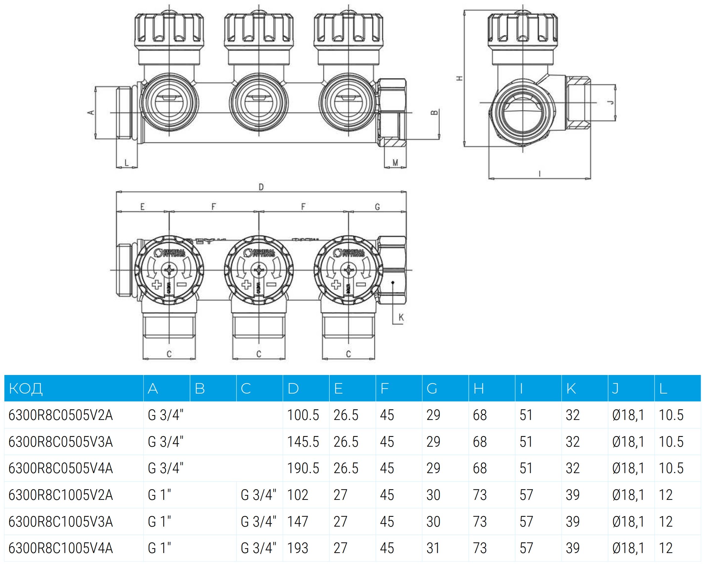 General Fittings Flexus 90° 1"x3/4" EK 3 виходи (6300R8C1005V3A) Габаритні розміри