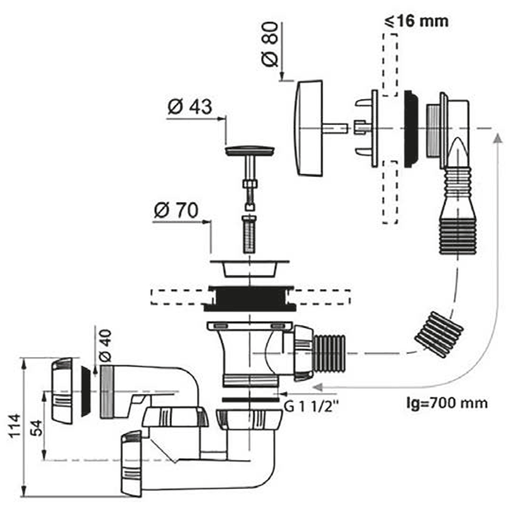 Wirquin автомат 700мм с адаптером Ø40/50мм (9543400) Габаритные размеры