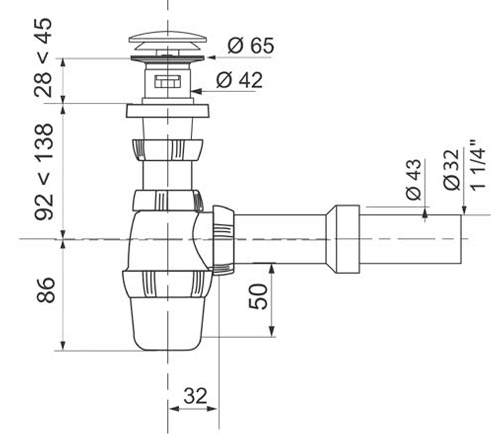 Wirquin 1 1/4"xØ32мм с донным клапаном Click-Clack (9541822) Габаритные размеры