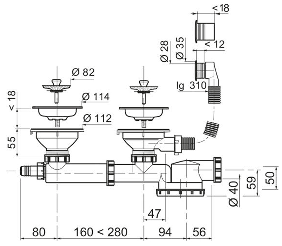 Wirquin Espace 1 1/2"xØ40мм (9542400) Габаритные размеры