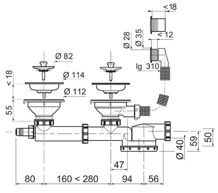 Wirquin Espace 1 1/2"xØ40мм (9542402) Габаритные размеры