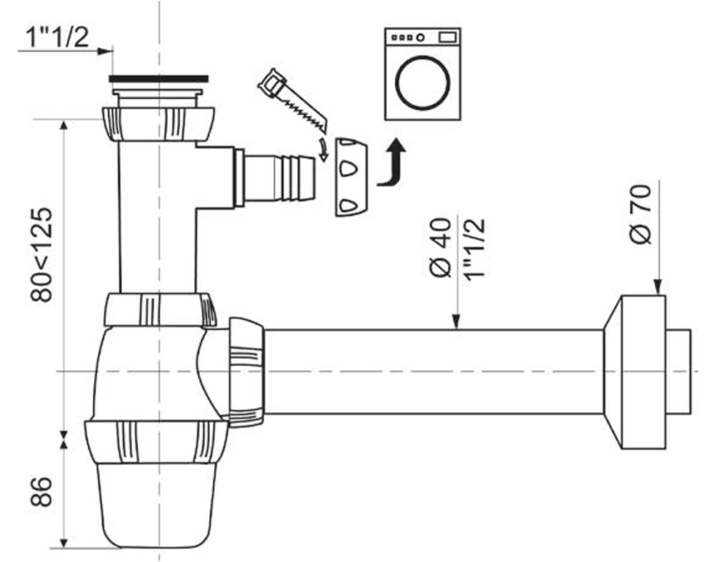 Wirquin 1 1/2"xØ40мм с подводом (9542820) Габаритные размеры