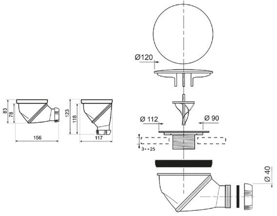 Wirquin James Ø90мм с адаптером Ø40/50мм (9544400) Габаритные размеры