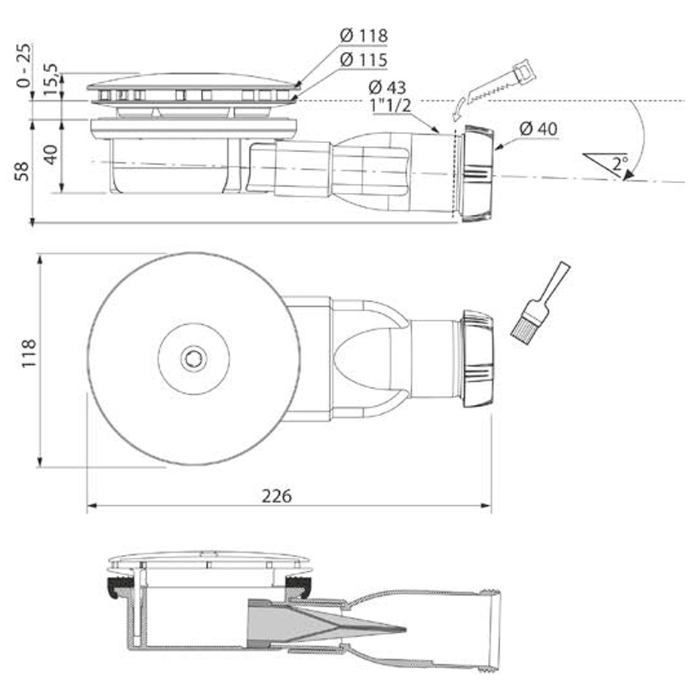 Wirquin Slim Ø90мм з мембраною Ø40/43мм (9544000) Габаритні розміри