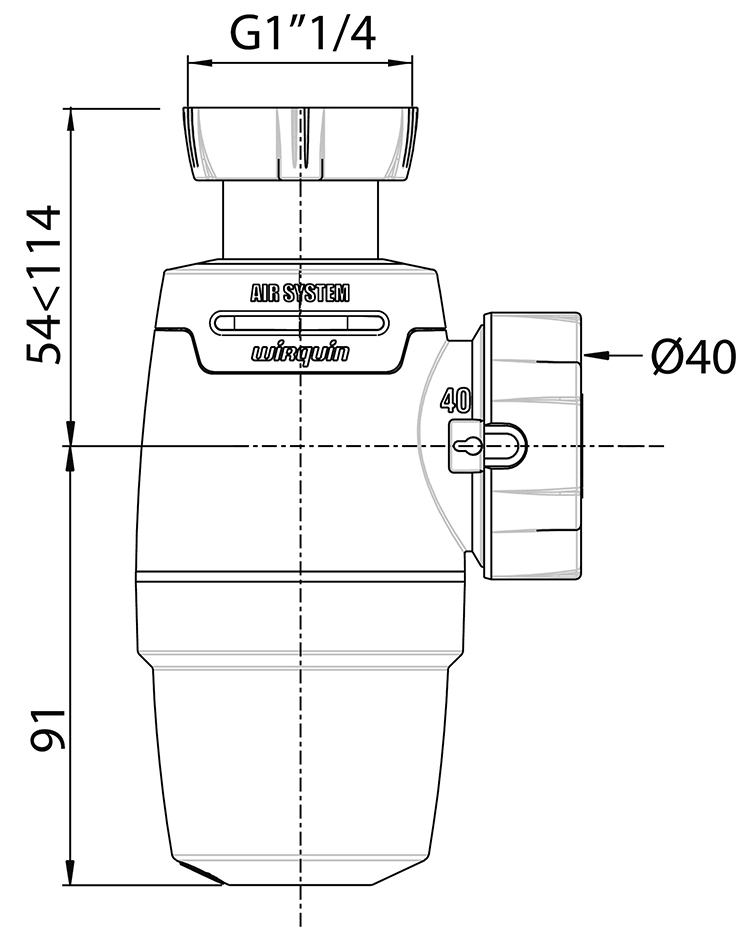 Wirquin Neo Air 1 1/4"xØ40мм с отводом (9541356) Габаритные размеры