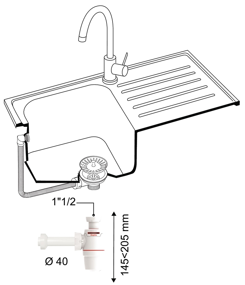 Wirquin Neo Air 1 1/2"xØ40мм с отводом (9542330) Габаритные размеры